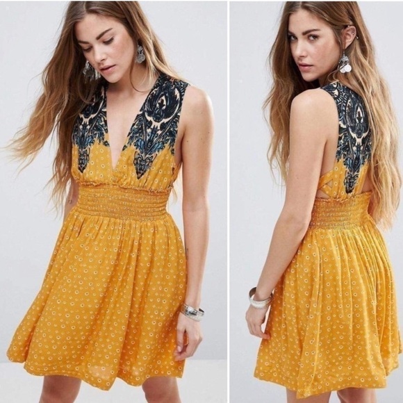 Free People Walking Through My Dreams Yellow Blue Floral Bohemian Mini Dress - Picture 1 of 14